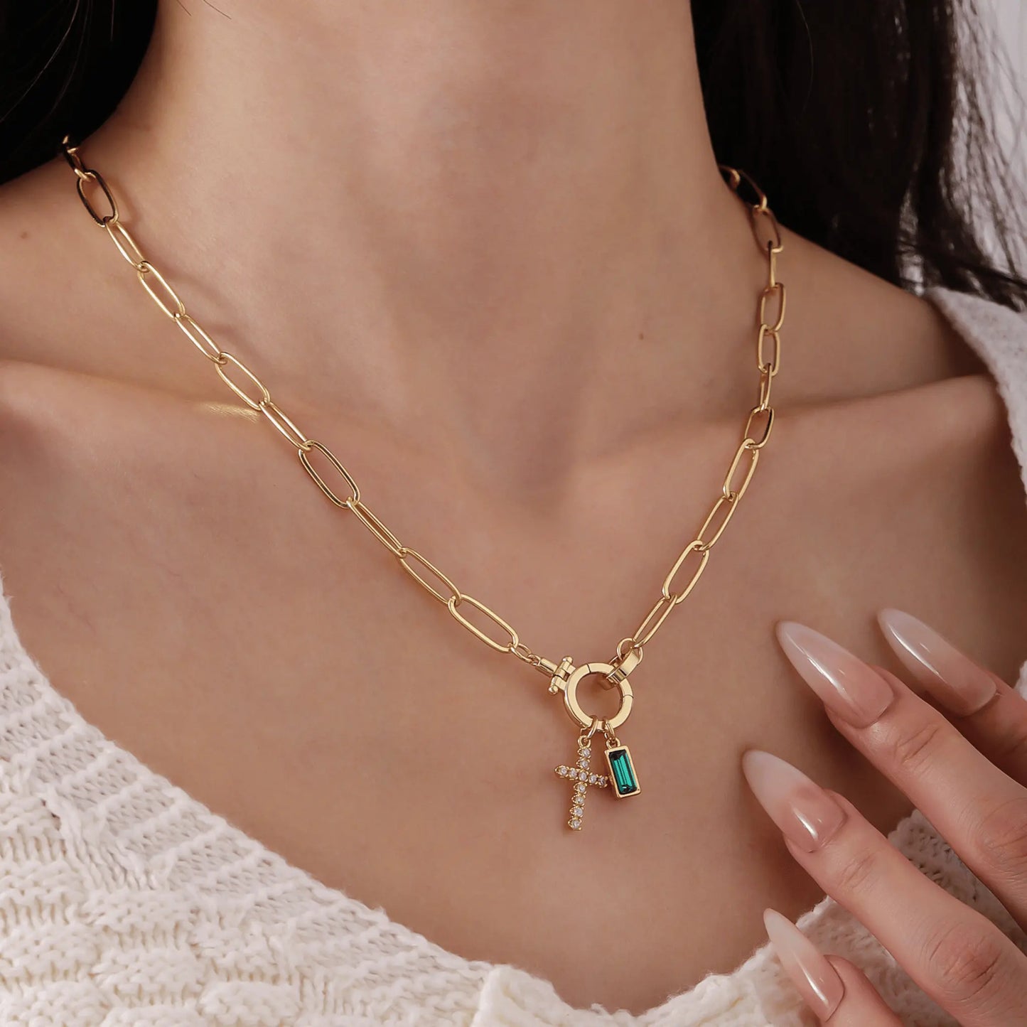 Paperclip Birthstone Cross Charm Necklace - CLAYCALI
