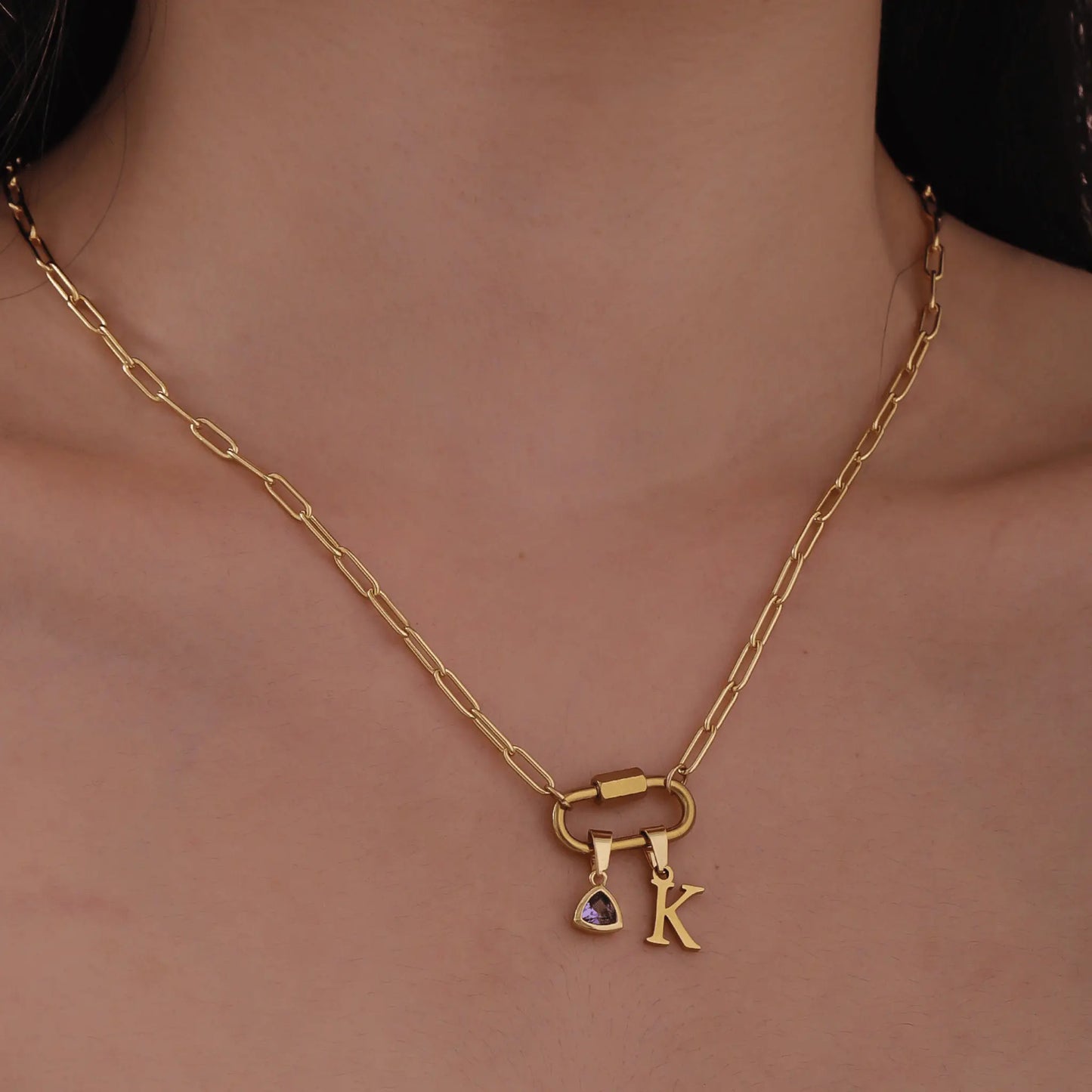 Carabiner Charm Lock Necklace With Initial & Birthstone - CLAYCALI