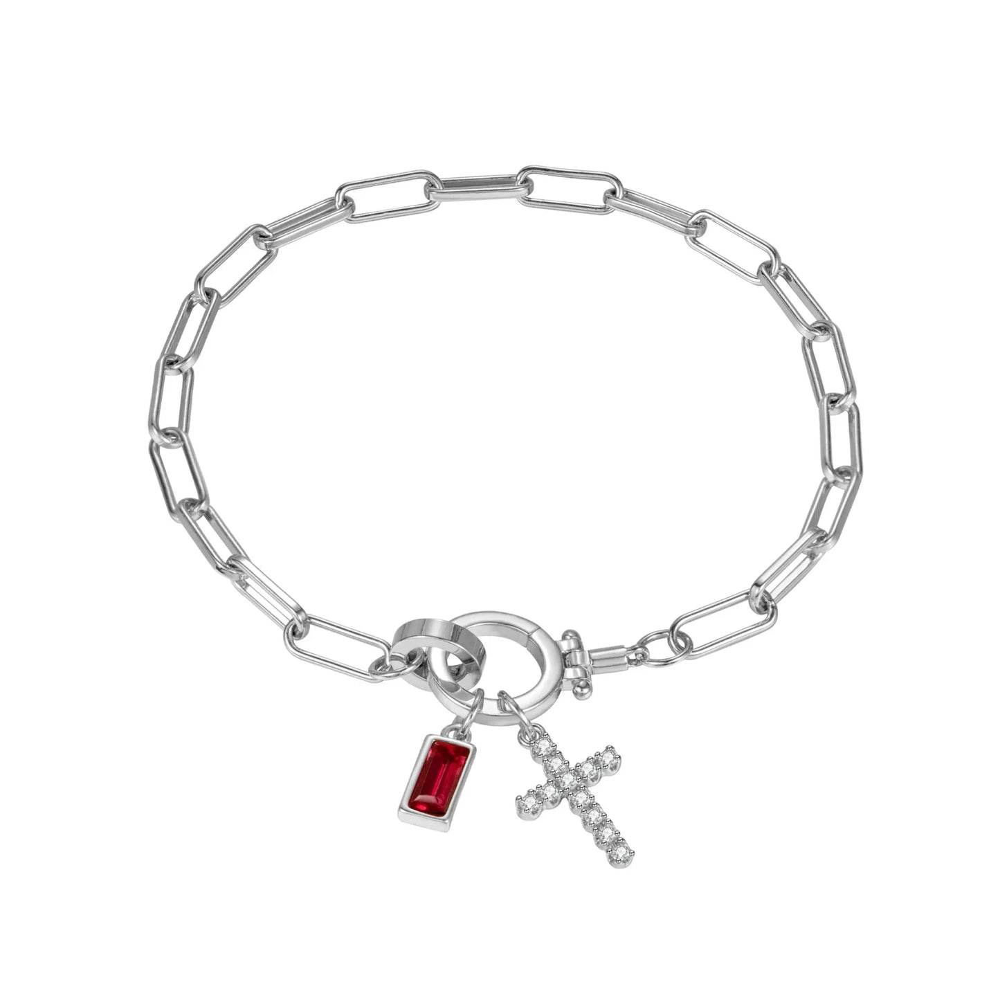 Paperclip Birthstone Cross Charm Bracelet
