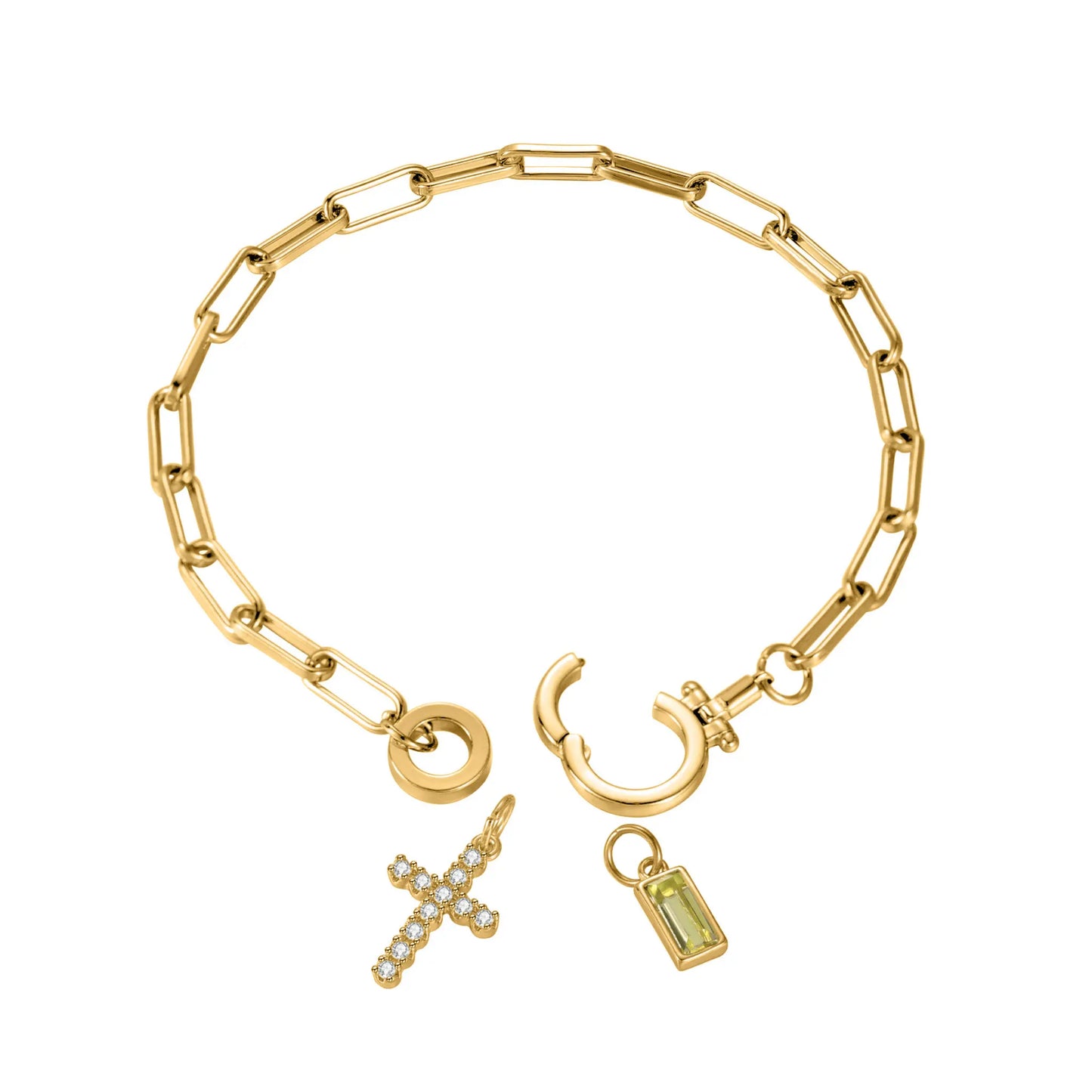 Paperclip Birthstone Cross Charm Bracelet