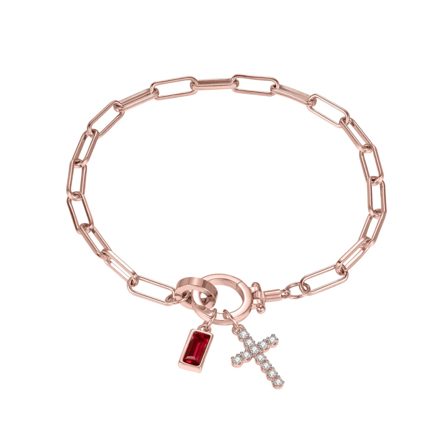 Paperclip Birthstone Cross Charm Bracelet