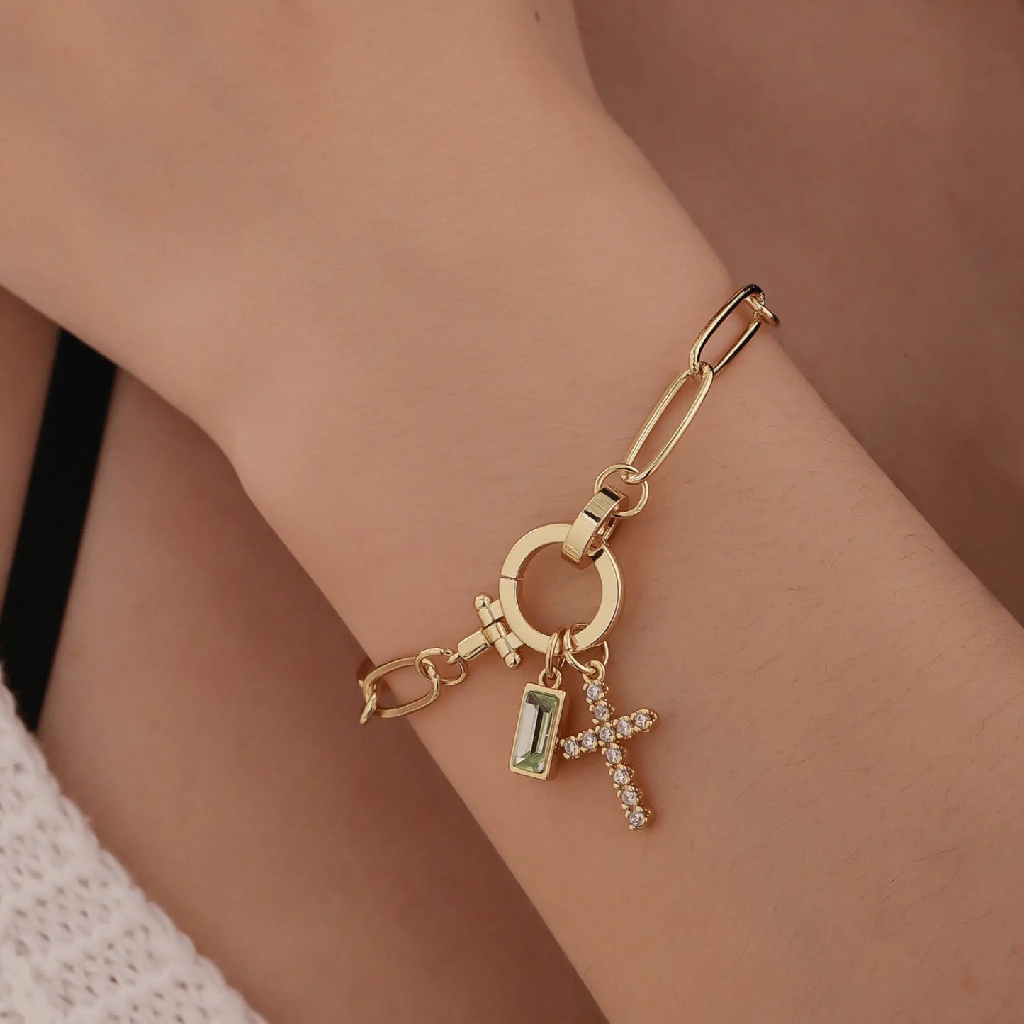 Paperclip Birthstone Cross Charm Bracelet