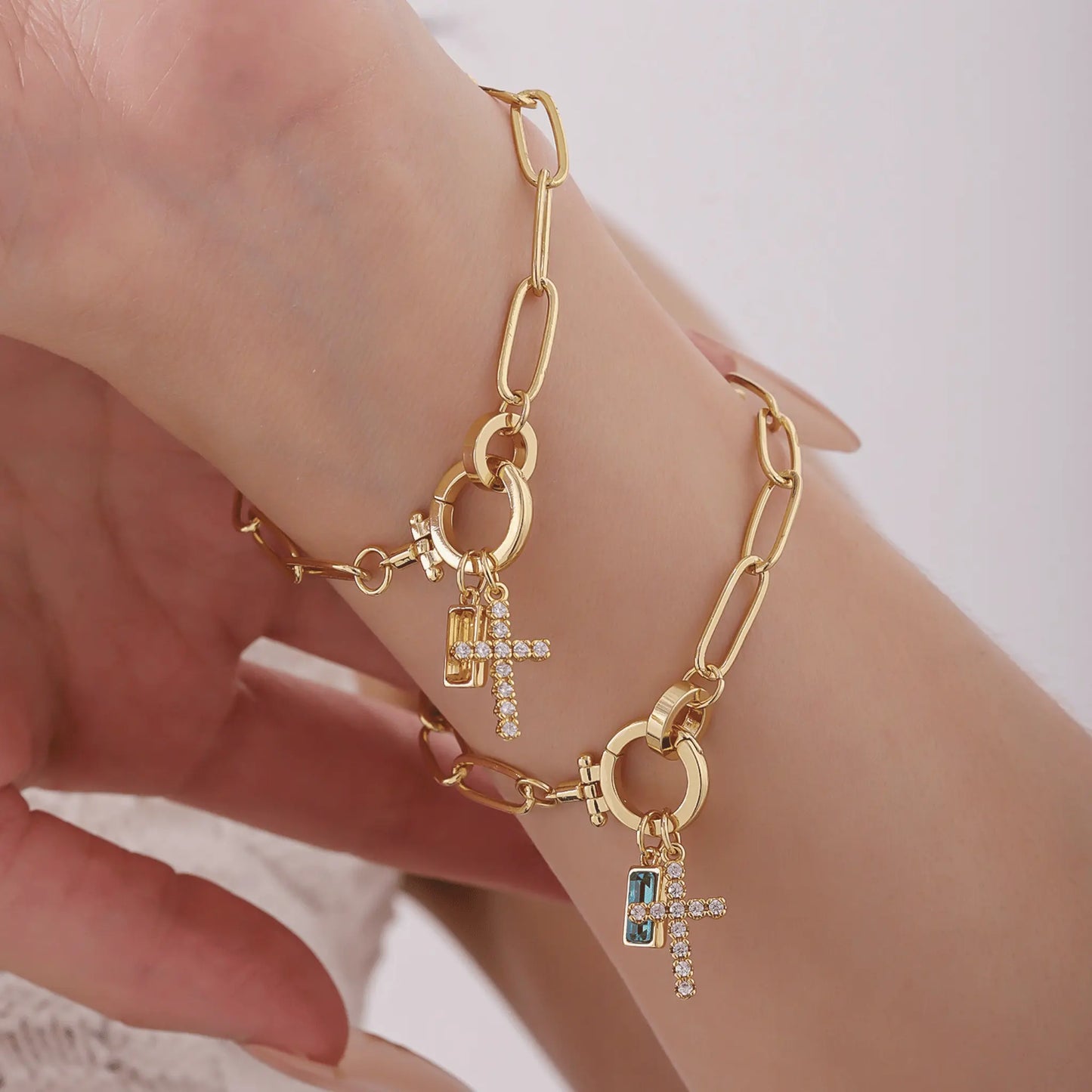 Paperclip Birthstone Cross Charm Bracelet