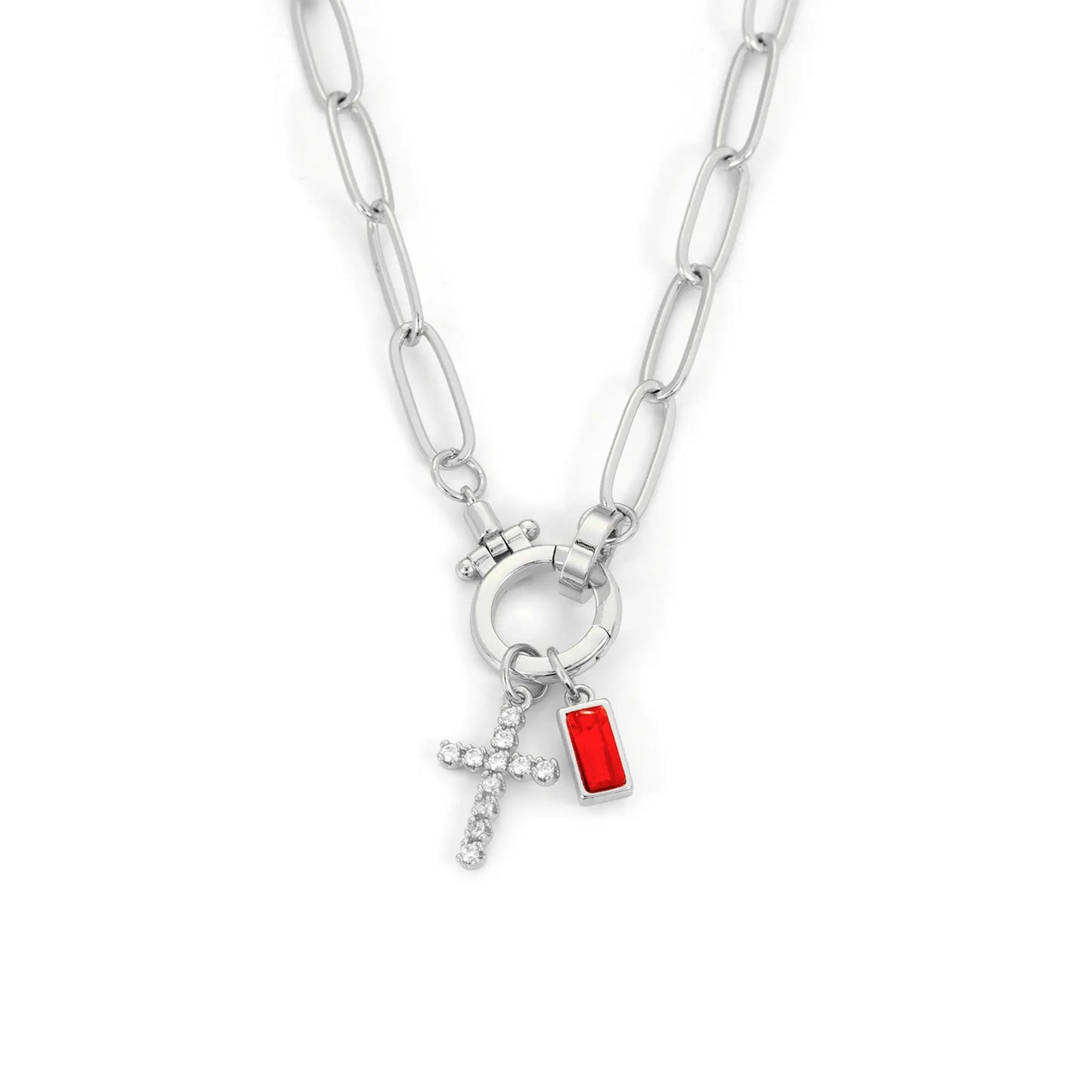 Paperclip Birthstone Cross Charm Necklace - CLAYCALI