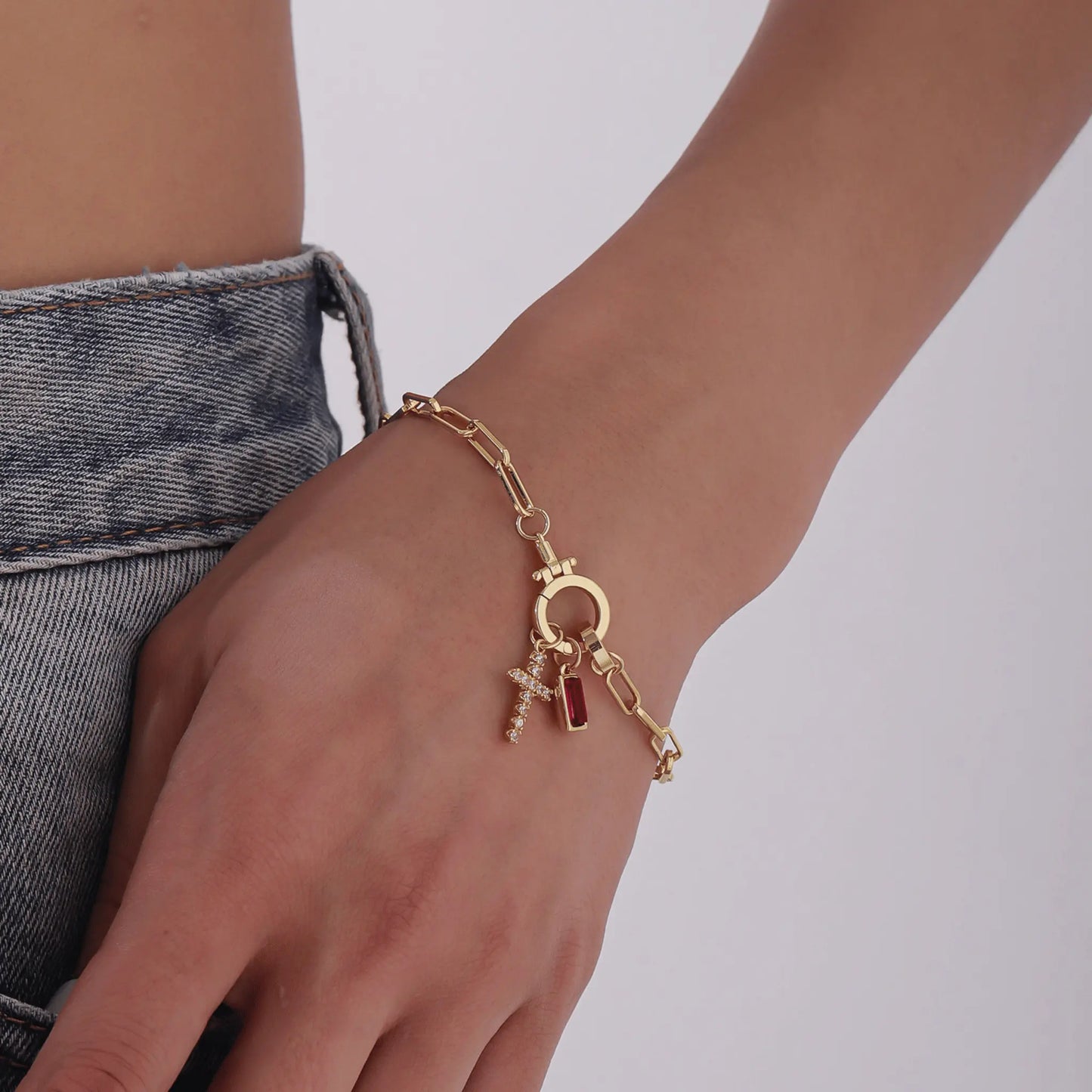 Paperclip Birthstone Cross Charm Bracelet