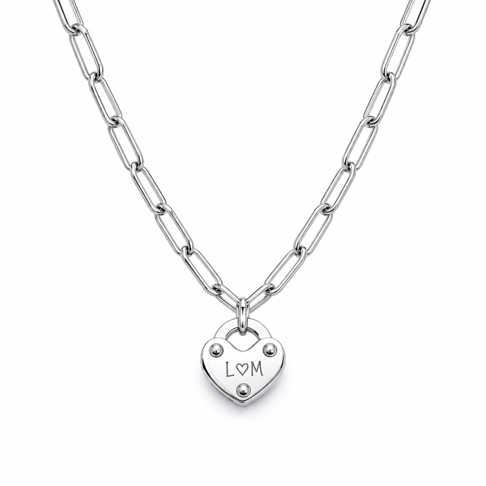 Ella Heart Lock Initial Necklace — white background silver