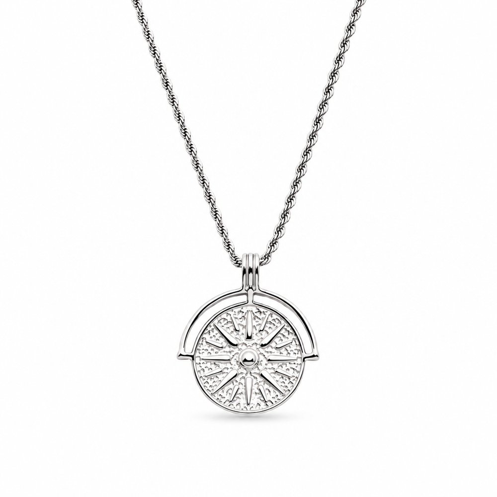 Stevie Compass Medallion Necklace — white background silver