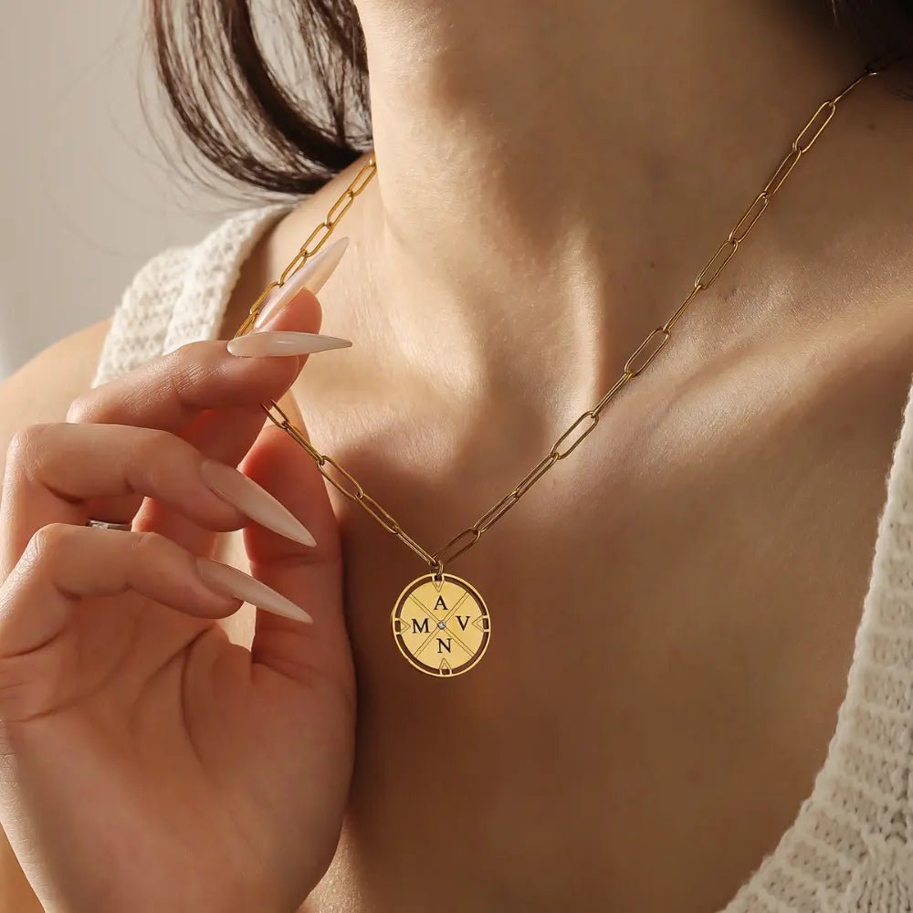 Engraved Initial Compass Necklace - CLAYCALI