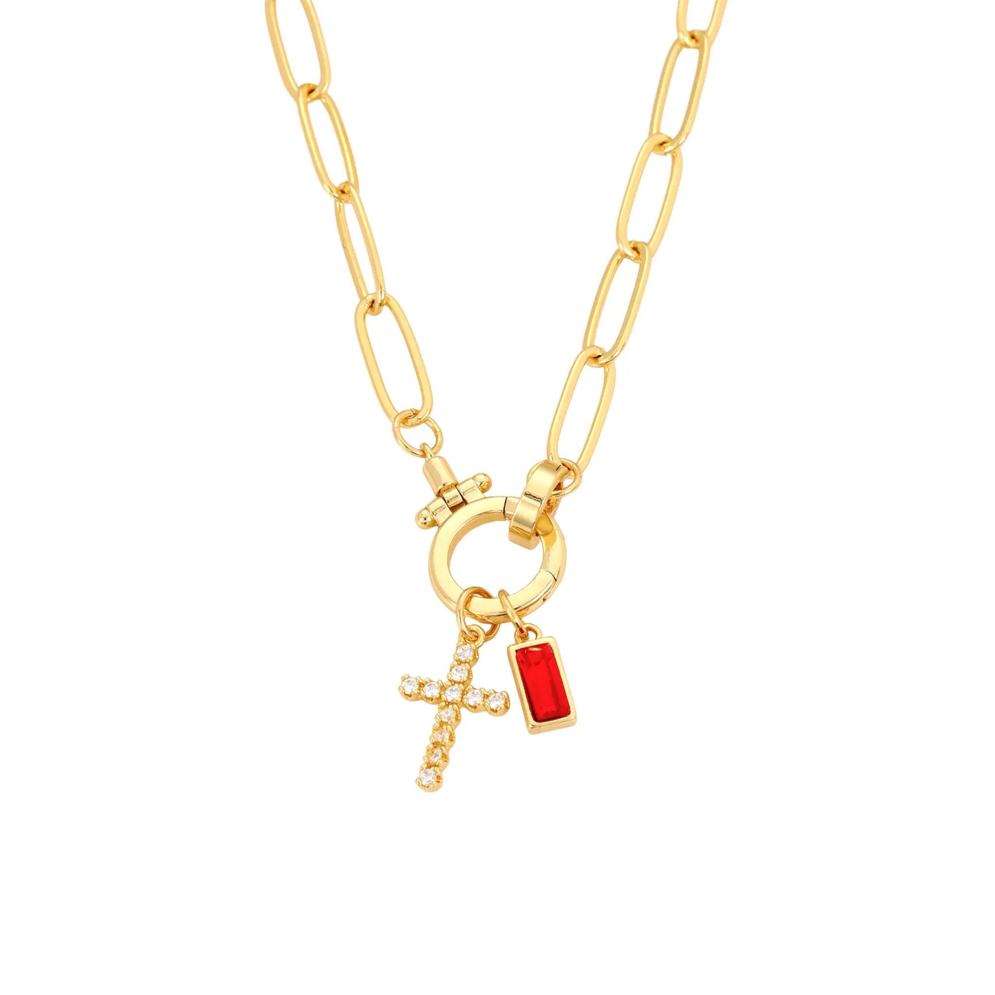 Paperclip Birthstone Cross Charm Necklace