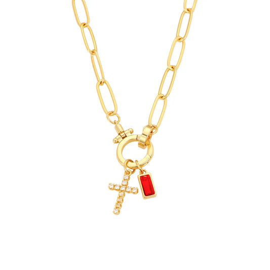 Paperclip Birthstone Cross Charm Necklace - CLAYCALI