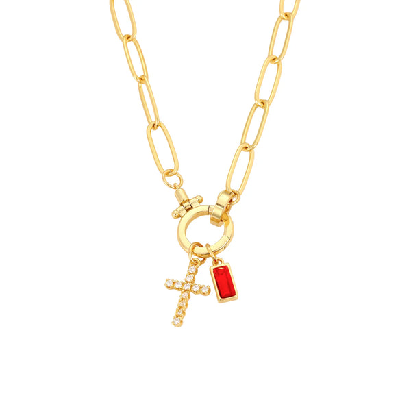 Paperclip Birthstone Cross Charm Necklace