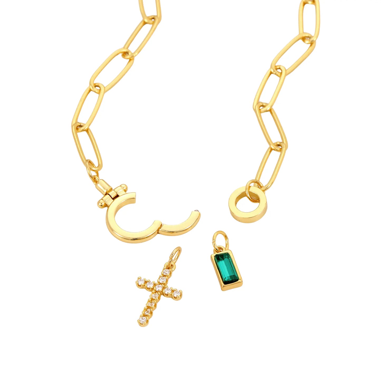 Paperclip Birthstone Cross Charm Necklace - CLAYCALI