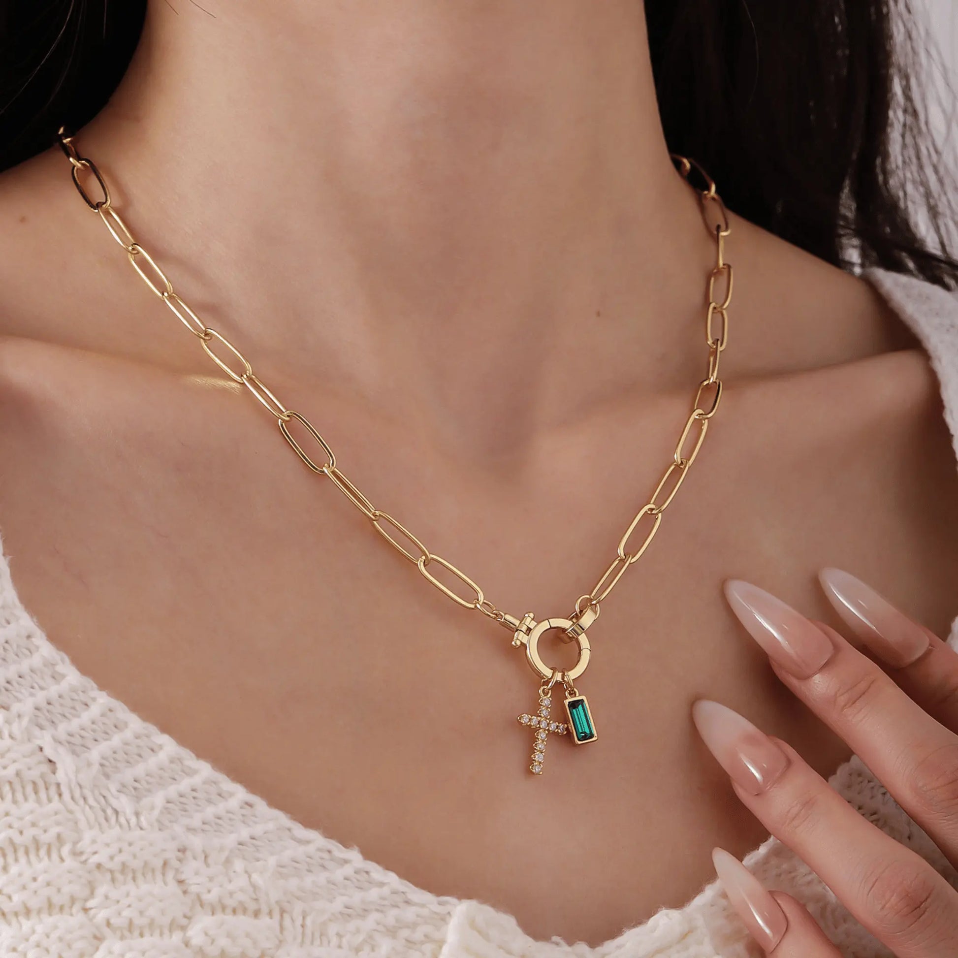 Paperclip Birthstone Cross Charm Necklace - CLAYCALI