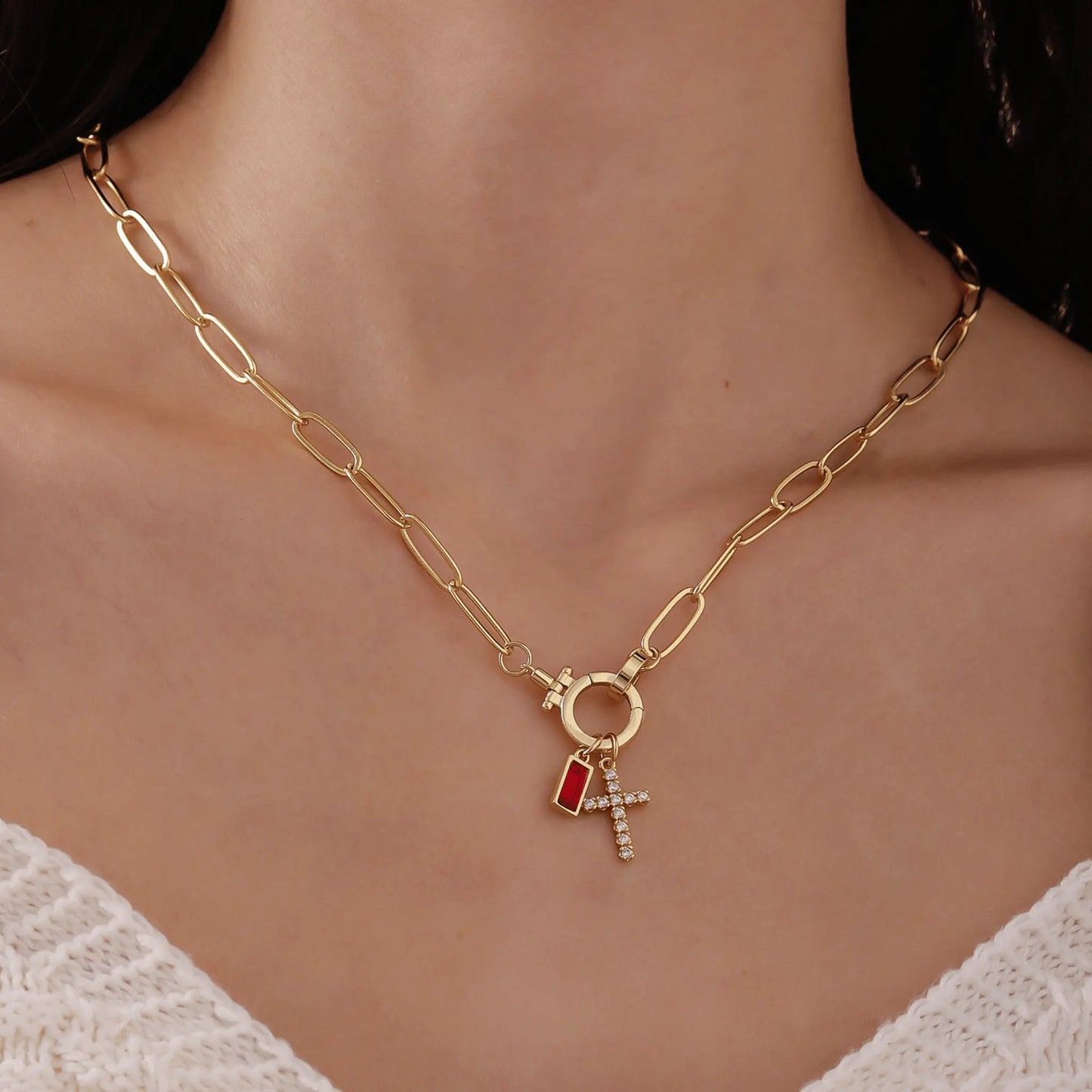 Paperclip Birthstone Cross Charm Necklace - CLAYCALI