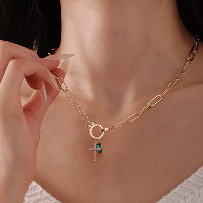 Paperclip Birthstone Cross Charm Necklace - CLAYCALI