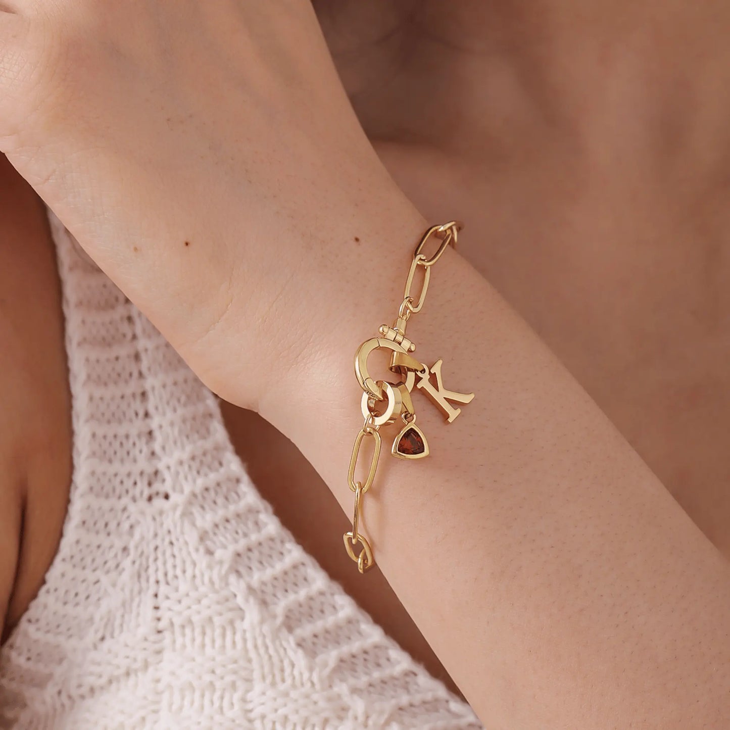 Paperclip Birthstone Initial Charm Bracelet - CLAYCALI