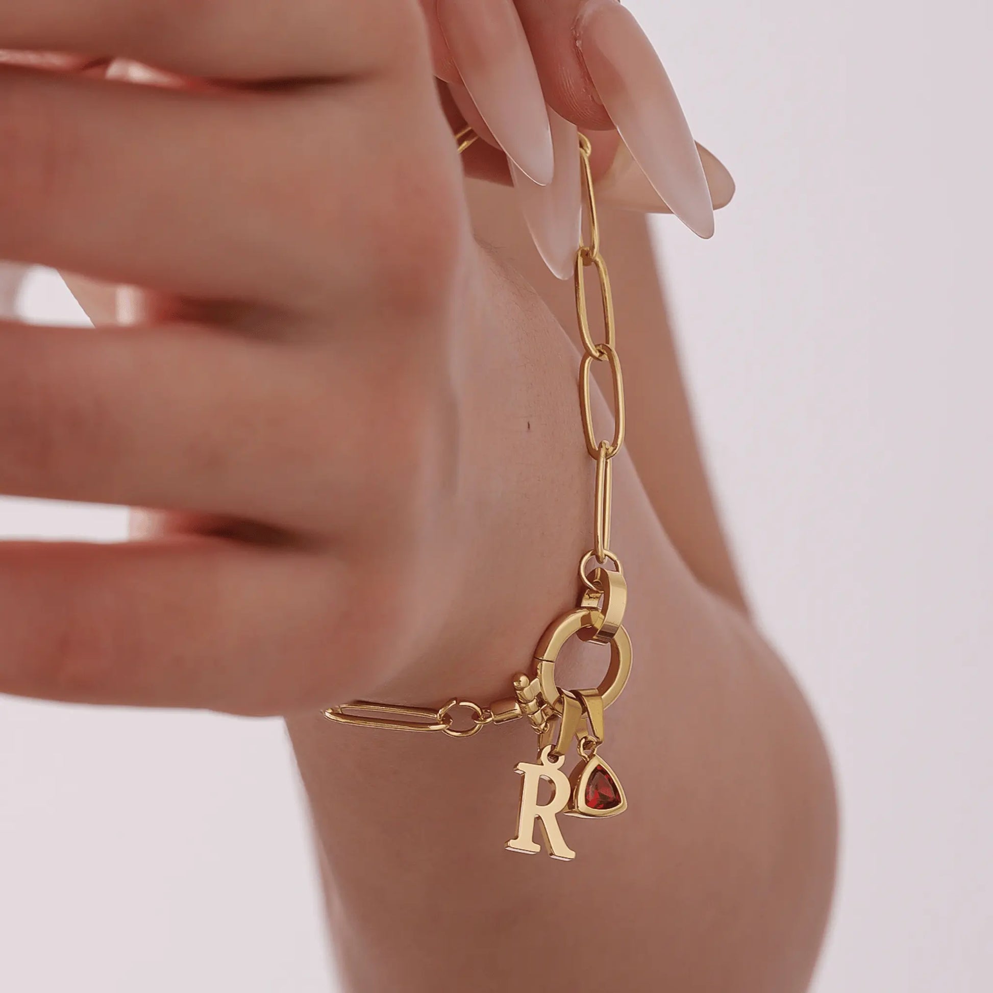 Paperclip Birthstone Initial Charm Bracelet - CLAYCALI