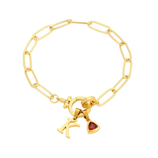 Paperclip Birthstone Initial Charm Bracelet - CLAYCALI