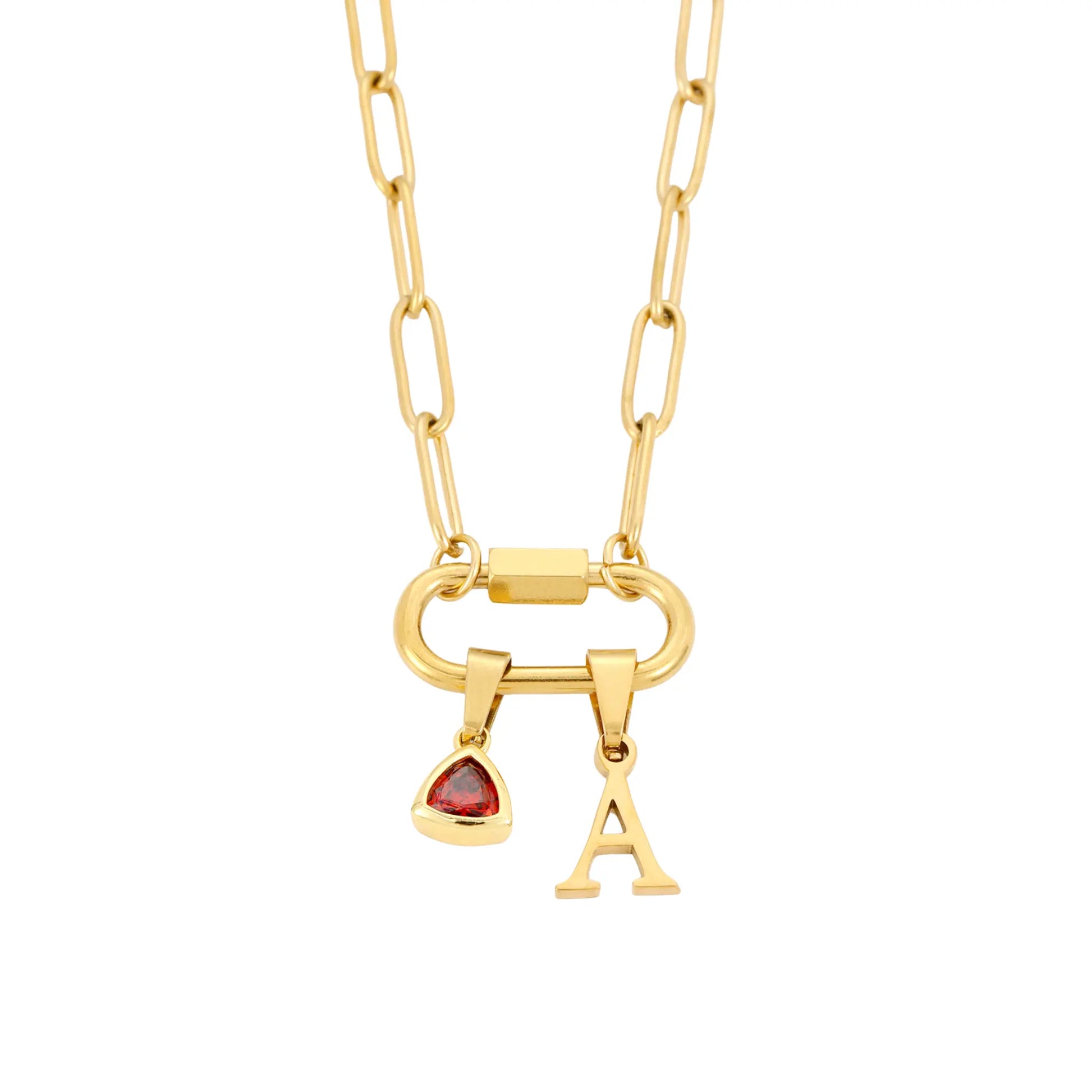Carabiner Charm Lock Necklace With Initial & Birthstone - CLAYCALI