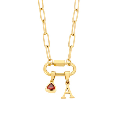 Carabiner Charm Lock Necklace With Initial & Birthstone - CLAYCALI
