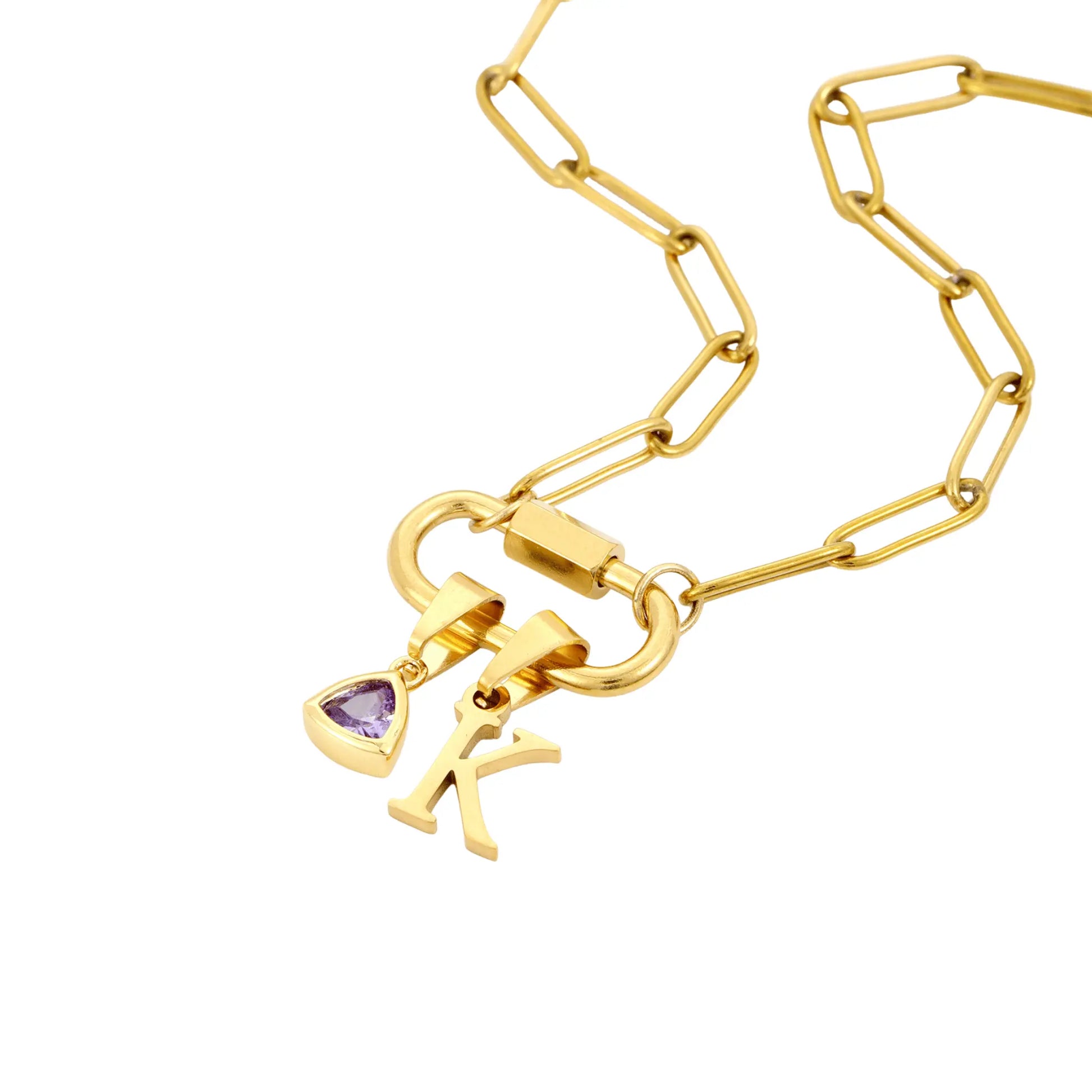 Carabiner Charm Lock Necklace With Initial & Birthstone - CLAYCALI
