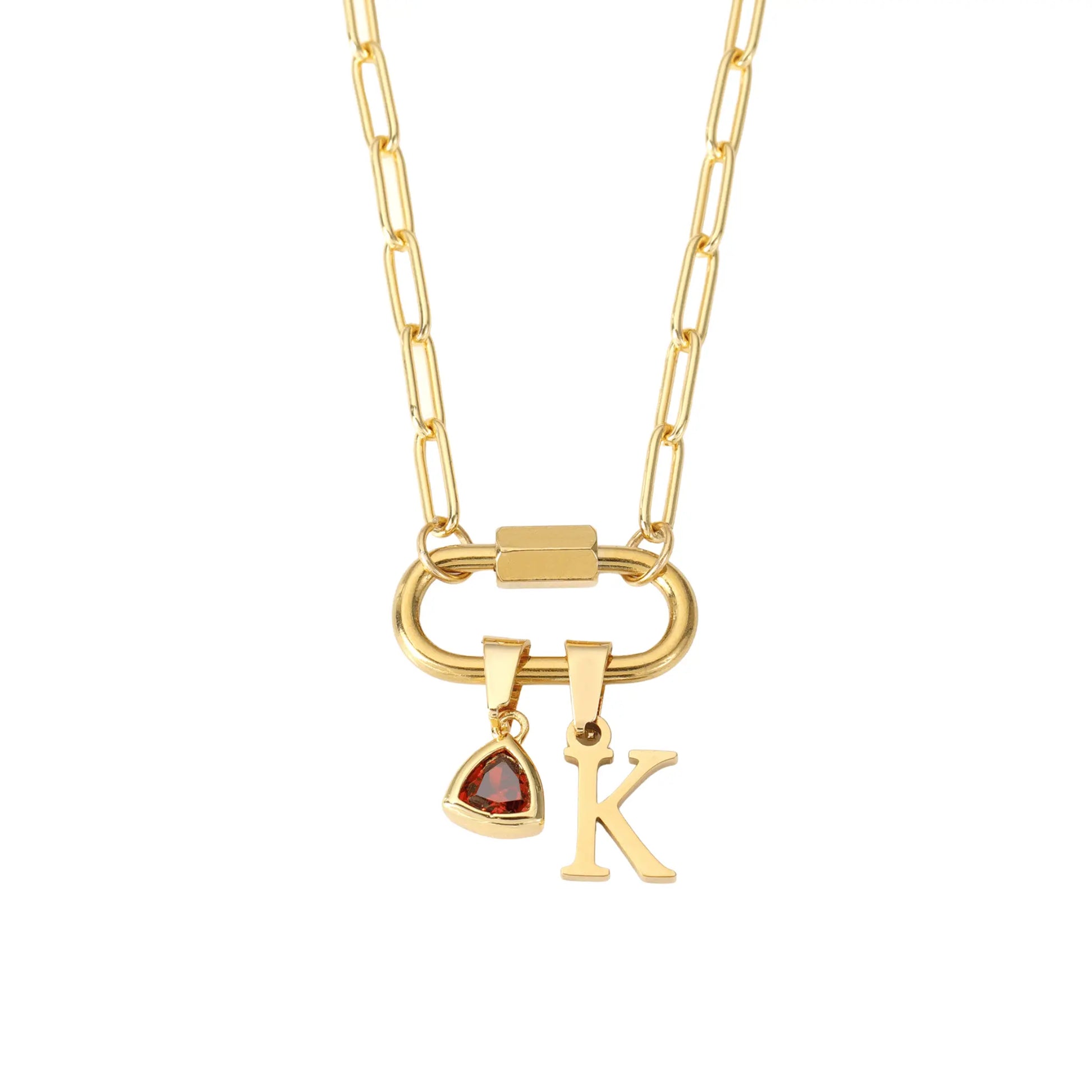 Carabiner Charm Lock Necklace With Initial & Birthstone - CLAYCALI