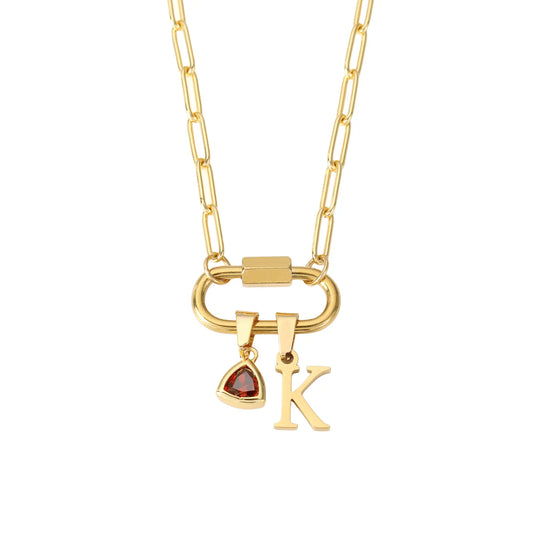 Carabiner Charm Lock Necklace With Initial & Birthstone - CLAYCALI