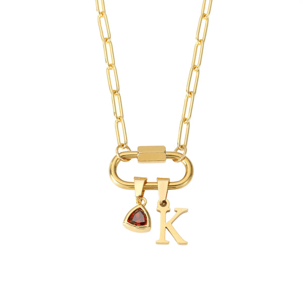 Carabiner Charm Lock Necklace With Initial & Birthstone