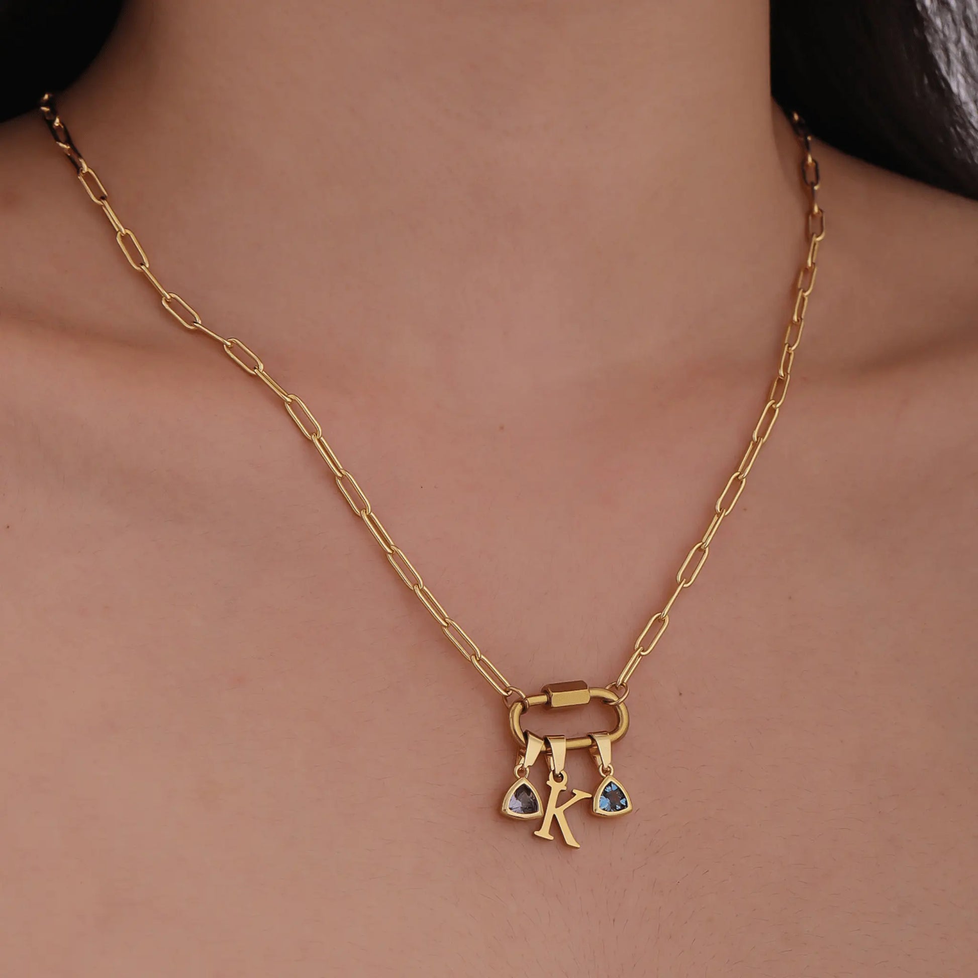 Carabiner Charm Lock Necklace With Initial & Birthstone - CLAYCALI
