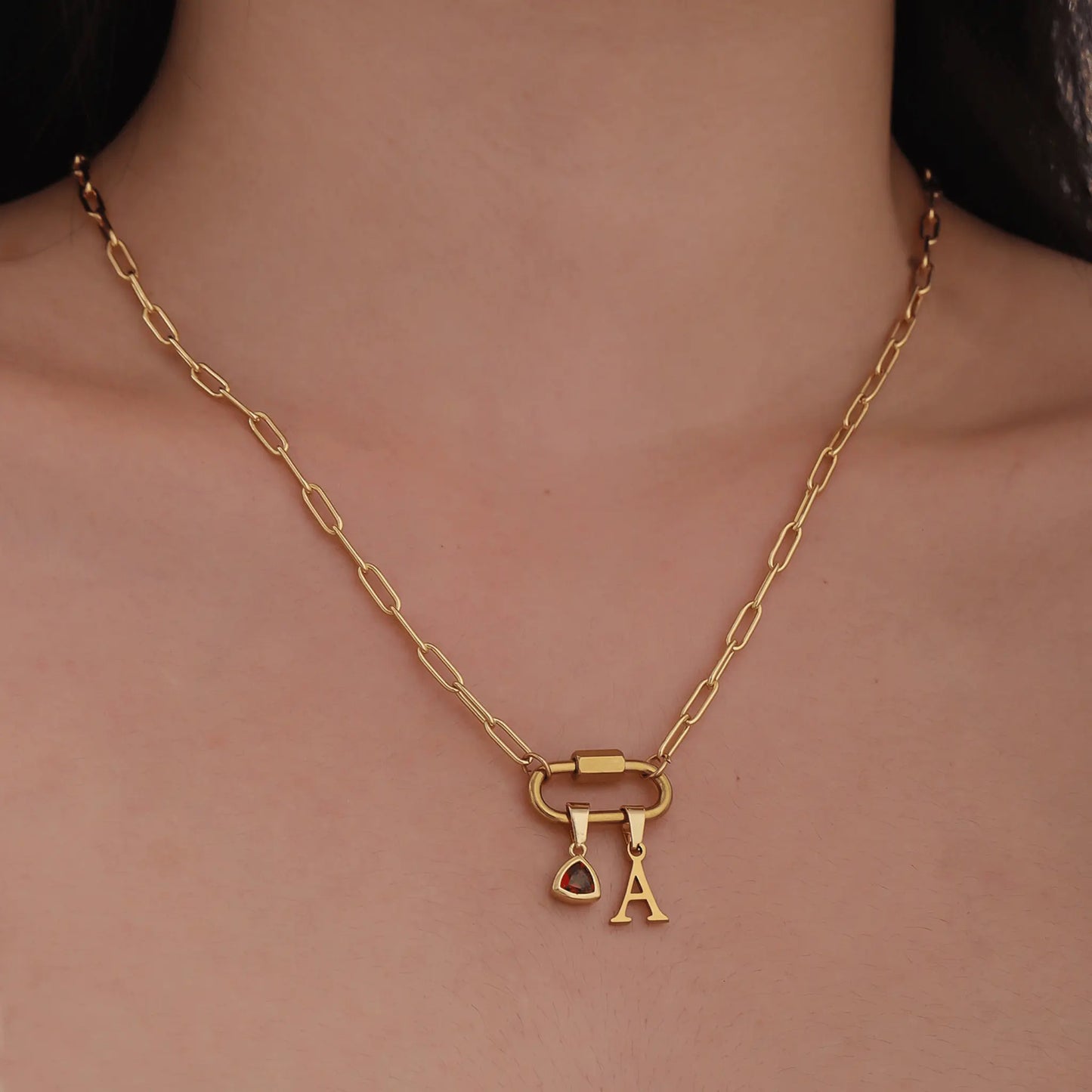 Carabiner Charm Lock Necklace With Initial & Birthstone - CLAYCALI