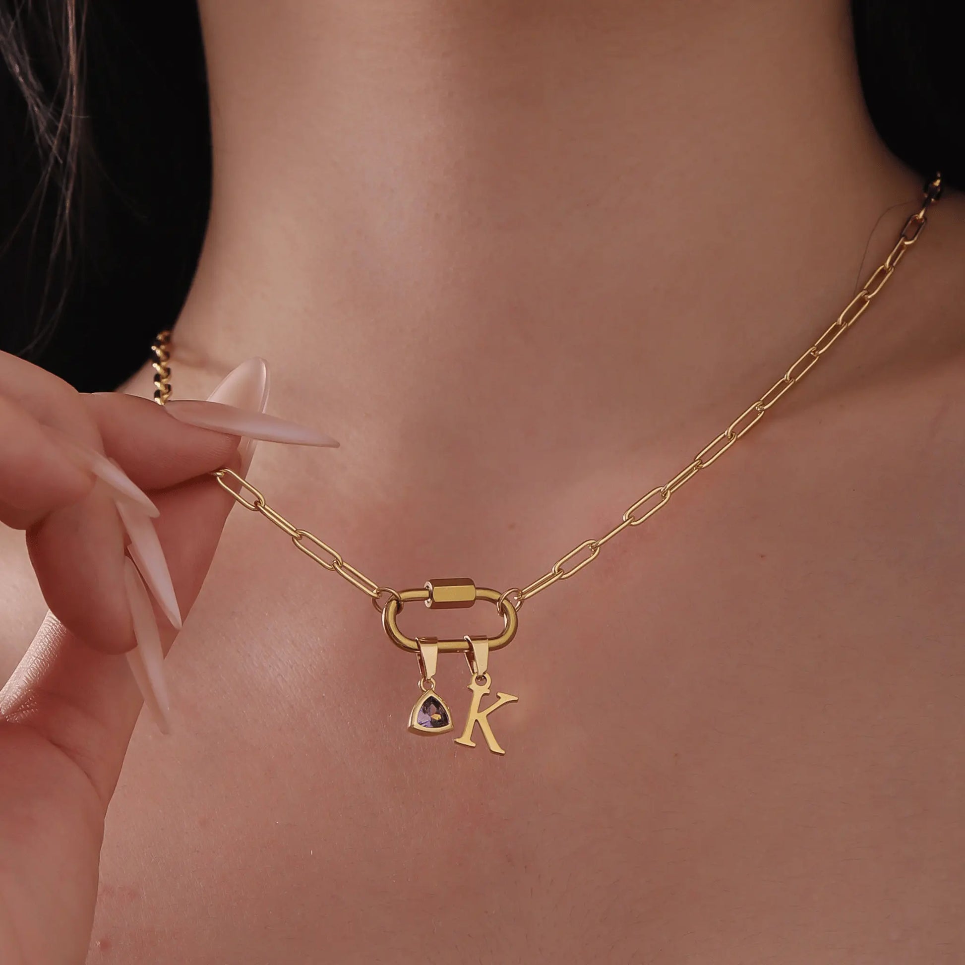 Carabiner Charm Lock Necklace With Initial & Birthstone - CLAYCALI