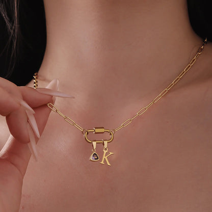 Carabiner Charm Lock Necklace With Initial & Birthstone - CLAYCALI