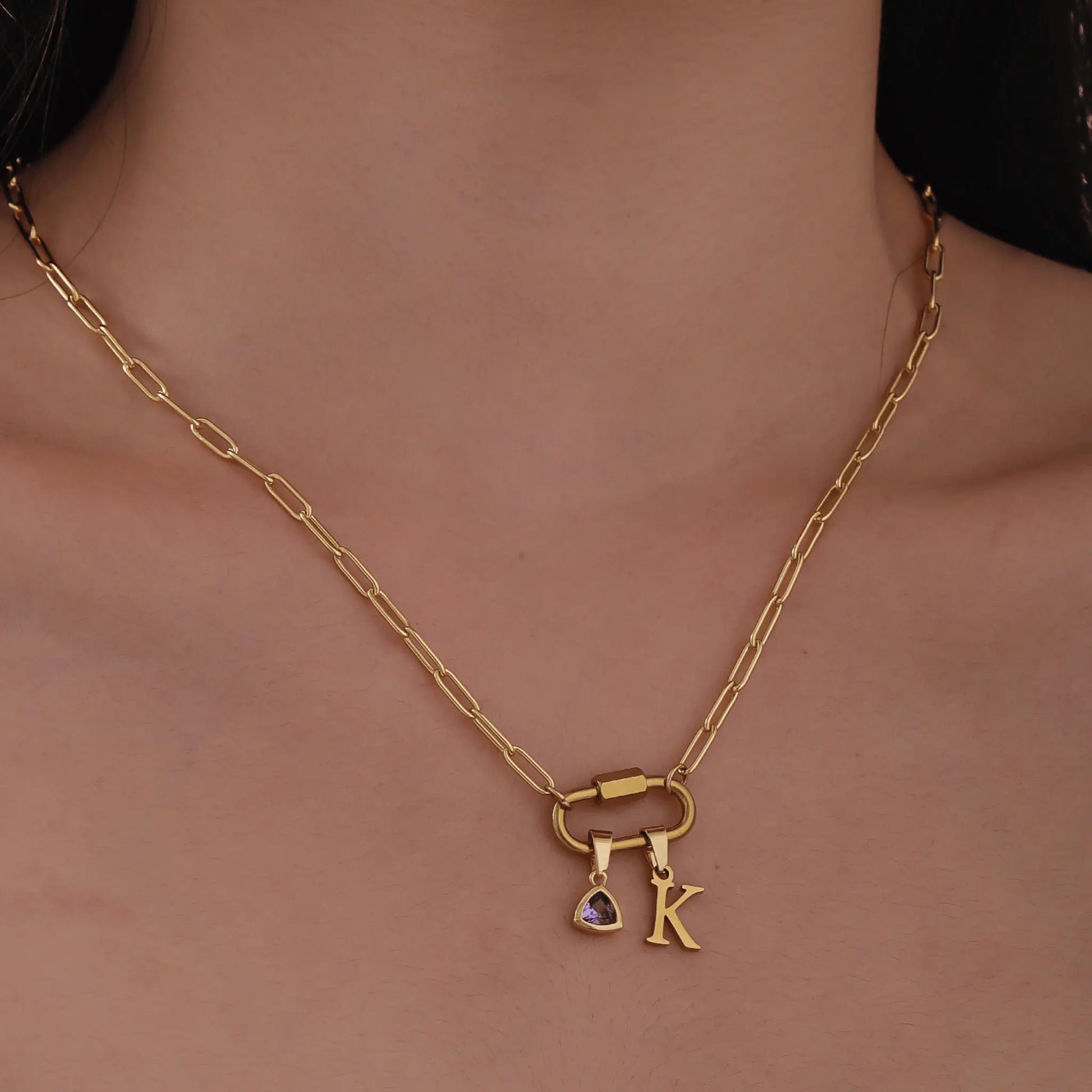 Carabiner Charm Lock Necklace With Initial & Birthstone - CLAYCALI