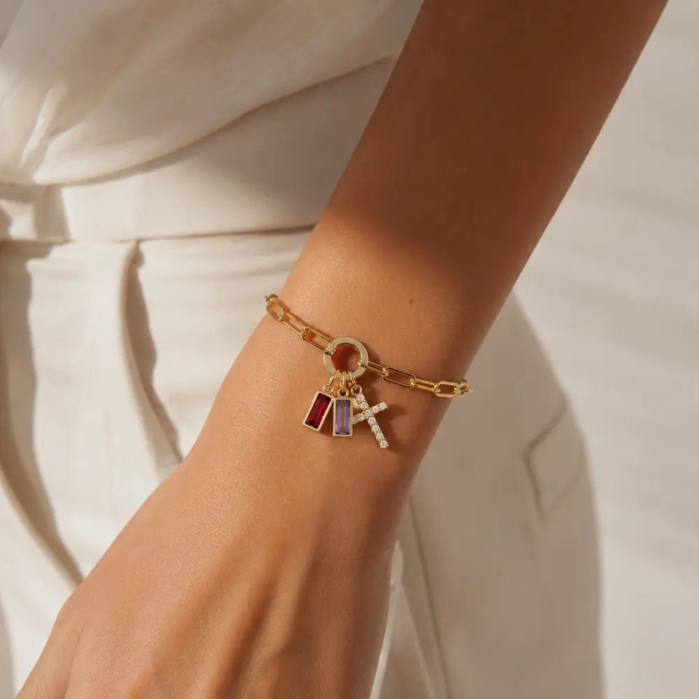 Paperclip Multi Birthstone Cross Bracelet - CLAYCALI