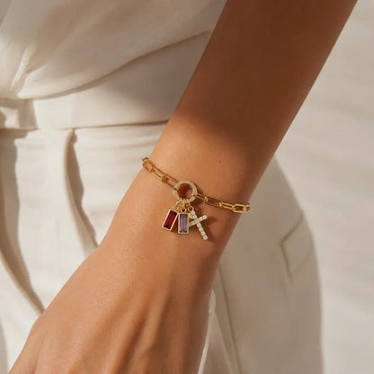 Paperclip Multi Birthstone Cross Bracelet - CLAYCALI