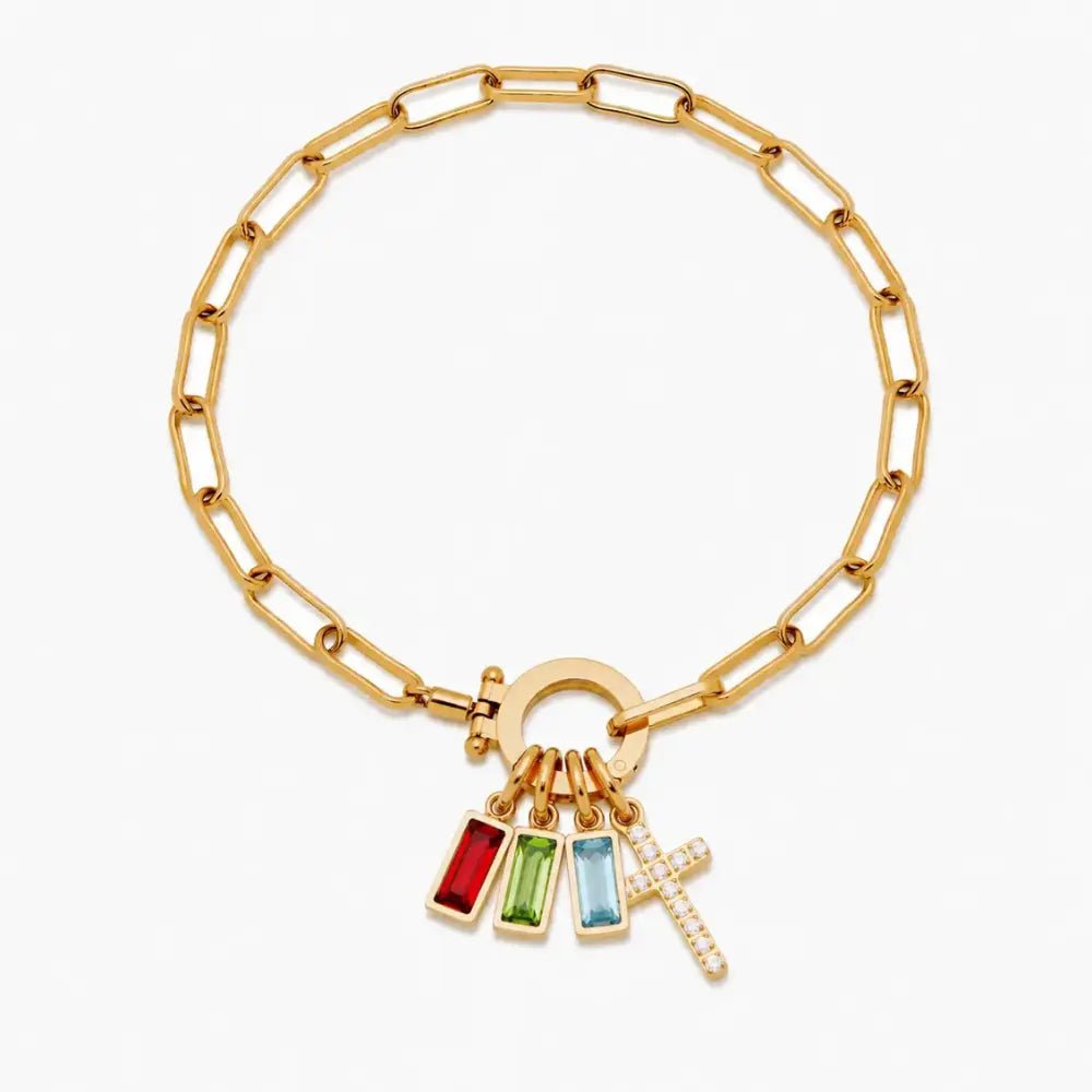 Paperclip Multi Birthstone Cross Bracelet - CLAYCALI