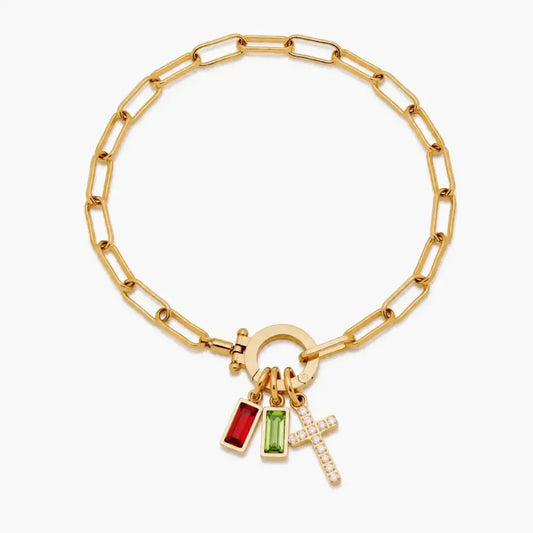 Paperclip Multi Birthstone Cross Bracelet - CLAYCALI