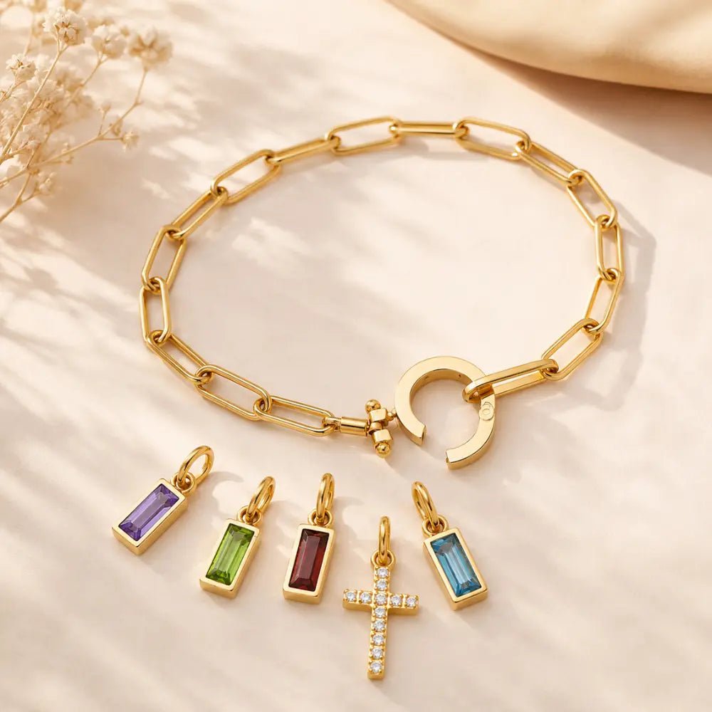 Paperclip Multi Birthstone Cross Bracelet - CLAYCALI