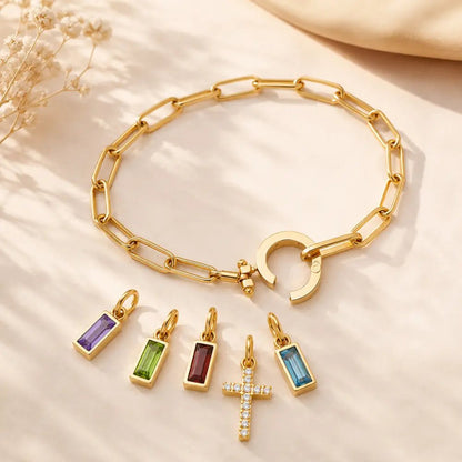 Paperclip Multi Birthstone Cross Bracelet - CLAYCALI