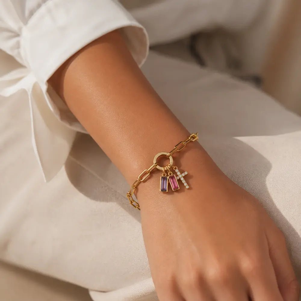 Paperclip Multi Birthstone Cross Bracelet - CLAYCALI