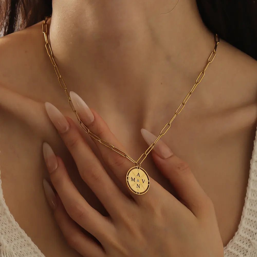 Engraved Initial Compass Necklace - CLAYCALI