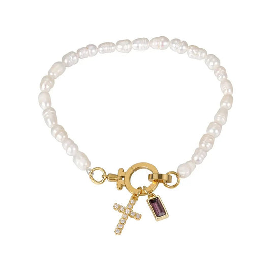 Pearl Cross Charm Bracelet - CLAYCALI