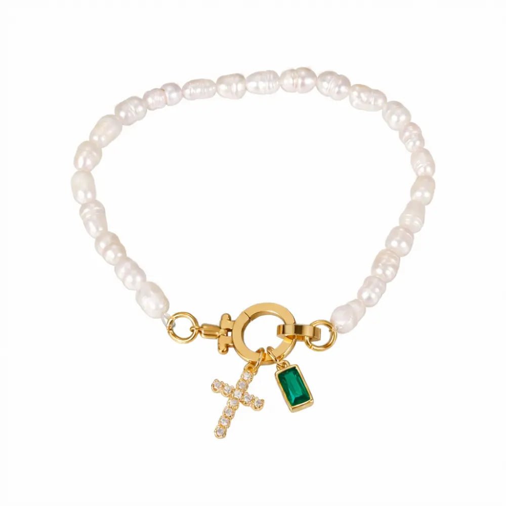 Pearl Cross Charm Bracelet - CLAYCALI