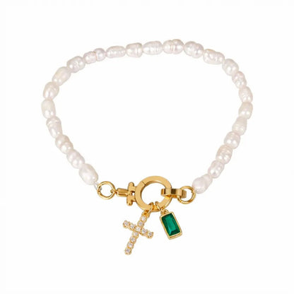 Pearl Cross Charm Bracelet - CLAYCALI