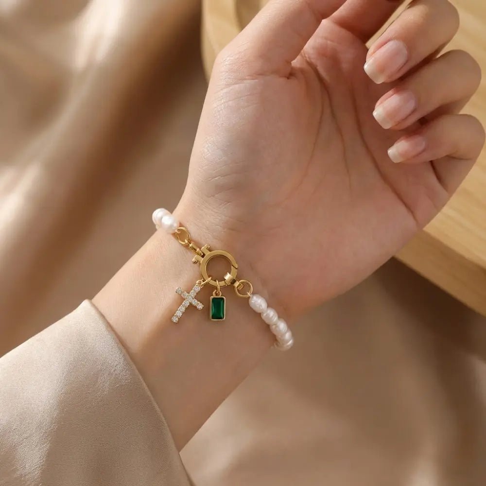 Pearl Cross Charm Bracelet - CLAYCALI
