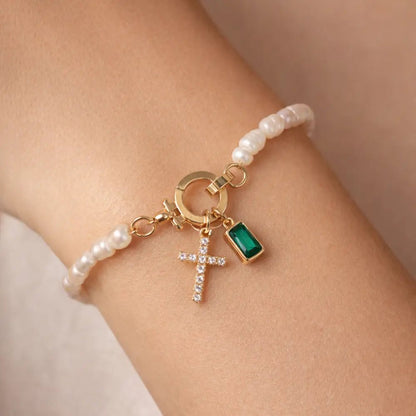 Pearl Cross Charm Bracelet - CLAYCALI