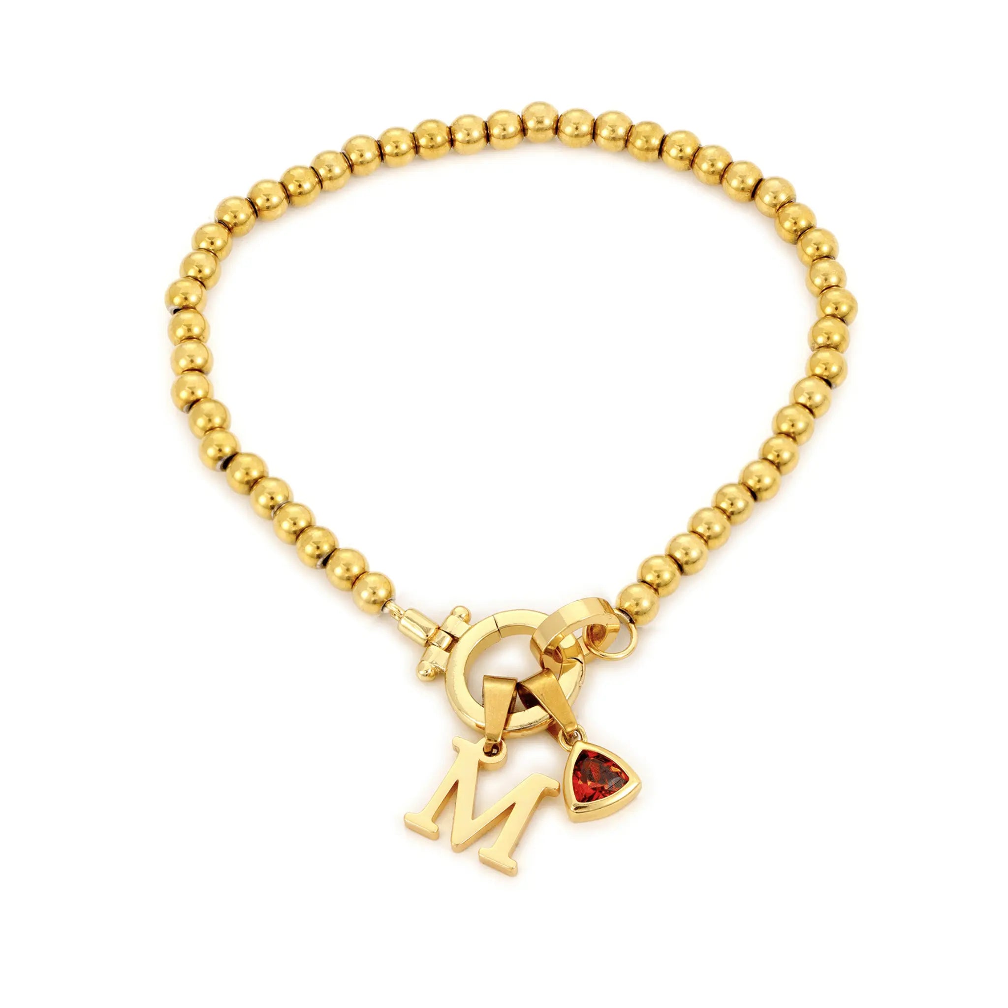 Gold Beaded Birthstone Initial Charm Bracelet