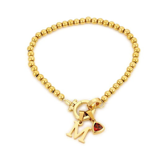 Gold Beaded Birthstone Initial Charm Bracelet - CLAYCALI