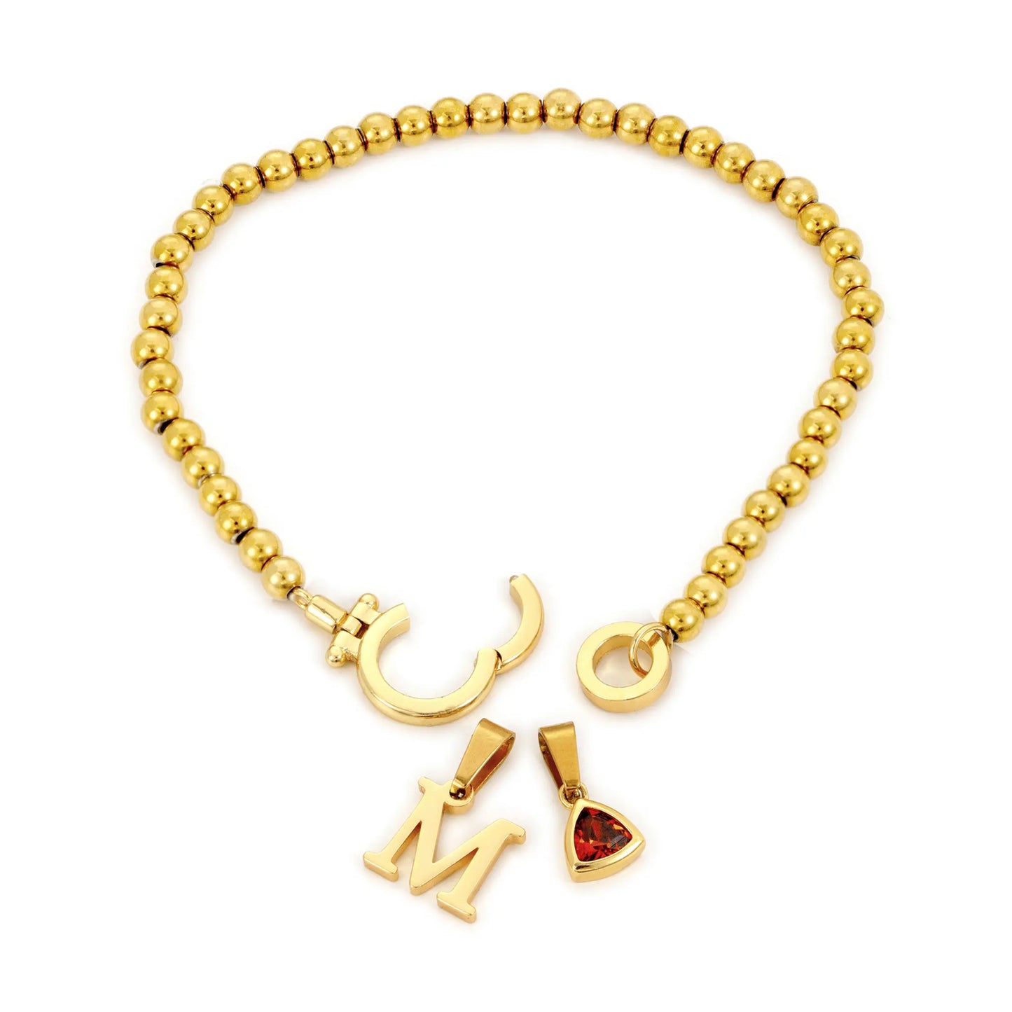 Gold Beaded Birthstone Initial Charm Bracelet - CLAYCALI