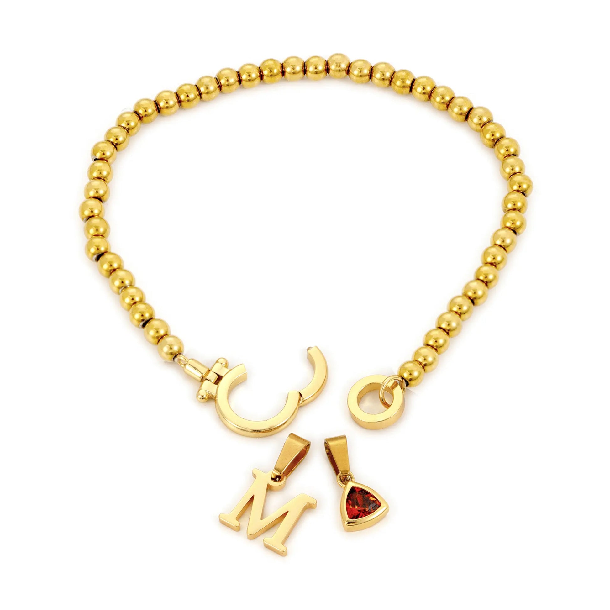 Gold Beaded Birthstone Initial Charm Bracelet - CLAYCALI